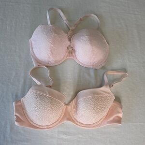 Victoria's Secret Lot of 2 Pink Lacy Lined T-Shirt Demi Bras 34DD Underwire